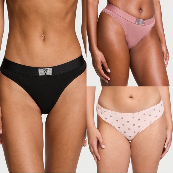 Victoria’s Secret Set of 4 Shine Logo Lace Thong Underwear Pink Black Size M NWT - Picture 1 of 9